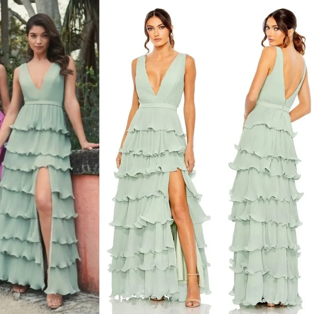 Mac Duggal‎ 49054 Size 6 Sage Green Sleeveless Ruffle Tiered V-Neck Gown Dress